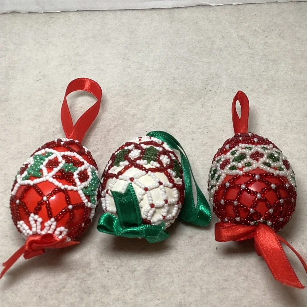 Set of 3 Hand Beaded Christmas Egg Ornaments Red White Green Lattice Design